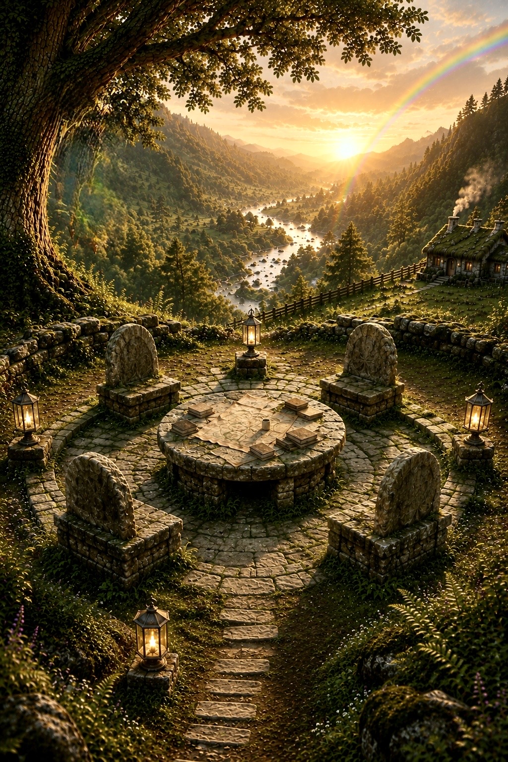 The Elder Circle overlooking the Valley, with a stone table covered in maps and ledgers